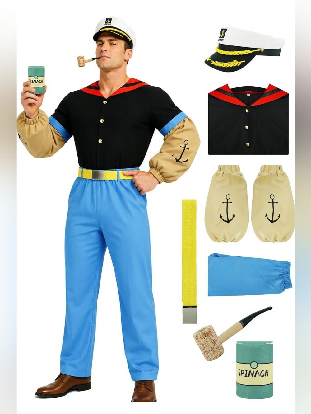 Popeye Costume Men 7pcs Cartoon Sailor Outfits Halloween Cosplay Sailor Set